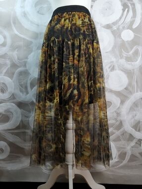DKNY Womens L Leopard Print Tulle Mesh Midi Skirt AnimalCore WhimsiGoth BohoChic